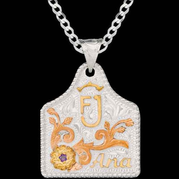 Coconut, Silver Plated base 1.75"x1.50" framed with a bead edge. Jewelers Bronze letters, and a flower with a Cubic Zirconia of your choice. Copper scroll